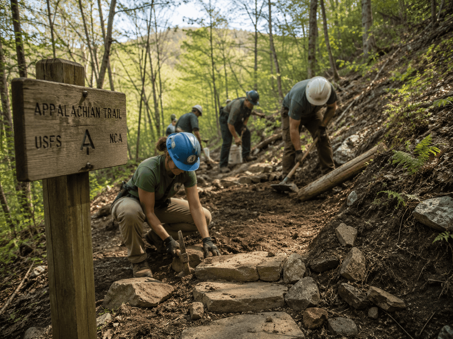 Volunteers maintaining steps on the Appalachian Trail in a forest